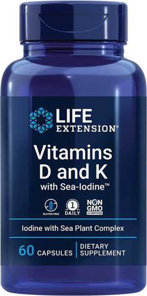 Life Extension, Vitamin D3 und K2 mit Meeresjod, 60 Kapseln