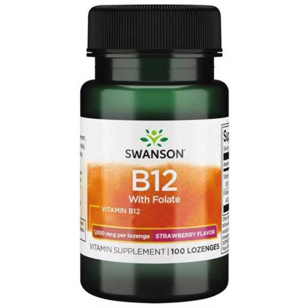 Swanson, Vitamin B12 with Folate, Erdbeergeschmack, 1,000mcg, 100 Lutschtabletten